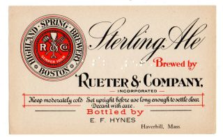 1900s Highland Spring Brewery - Rueter & Co,  Boston,  Mass Sterling Ale Label