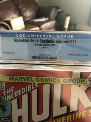 Incredible Hulk 181 Facsimile Edition CGC 9.  8 NM/M 1st App Wolverine 2