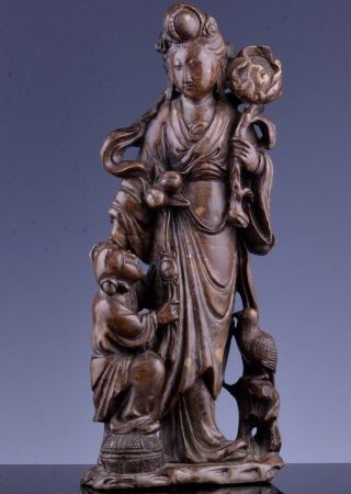 Finely Carved Antique Chinese Soapstone Guanyin Attendant W Boy Bird Figure