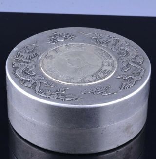 FINE CHINESE REPUBLIC SILVER COIN TOKEN INLAID DESK TABLE SEAL PASTE JAR BOX 4