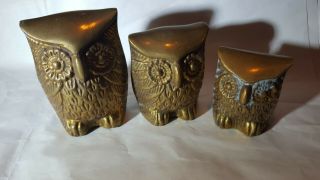 Vintage Brass Owl Family Set Of 3 Very Cool Paperweight Figurine Collectible
