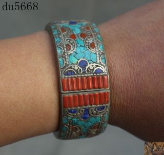 Rare Tibetan Silver Inlay Turquoise Red Coral Exorcism Amulet Bracelet Hand Ring