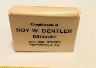Vtg Roy W.  Dentler Druggist Pottstown Pa Advertising Celluloid Match Box Safe
