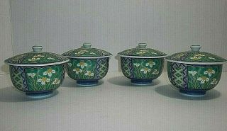 Vintage Chinese Porcelain Rice Bowls With Lids Set Of 4 Daffodils Signed