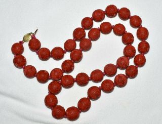 Vintage Hand Carved Cinnabar Red Bead Necklace