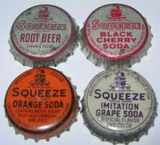 Squeeze Root Beer,  Orange,  Grape,  Black Cherry Soda Bottle Caps; Cork