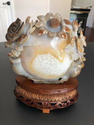 Vtg Chinese Carved Agate Figurine W Wooden Stand