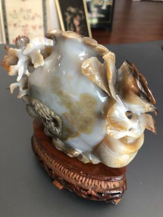 VTG Chinese Carved Agate Figurine W Wooden Stand 3