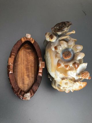 VTG Chinese Carved Agate Figurine W Wooden Stand 7
