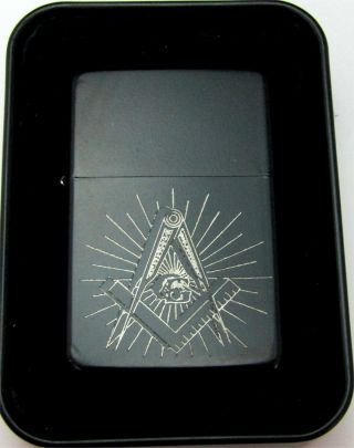 Mason Masonic Masons Engraved Black Cigarette Lighter Tin Case Len - 0170