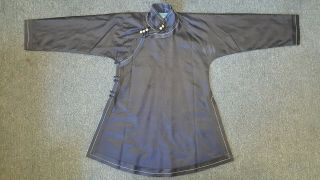 Antique Chinese Black Silk Robe Size S Jacquard Fabric Blue Lining Brass Buttons