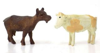 Vintage Hand Carved Wood Goat And Cow Painted White & Yellow