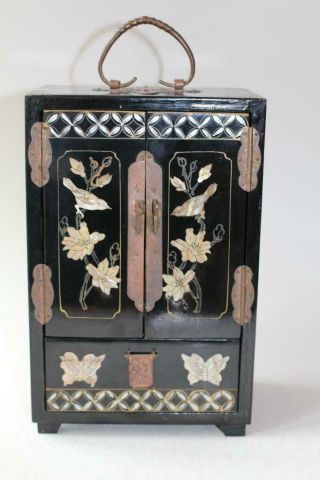 Chinese Black Lacquer Inlaid Jewellery Chest Cabinet