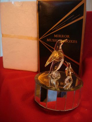 Mirror Musical Box With Blown Glass Figurines - Mother & Baby Penguin