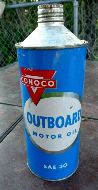 Vintage Conoco Outboard 1 Qt Cone Top Boat Motor Oil Can Metal Advertising Tin