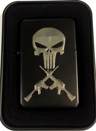 Punisher Skull Crossed Ar Rifles Guns Black Engraved Cigarette Lighter Len - 0208