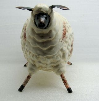 Cute Sheep Figurine Glazed Ceramic Pottery Comical Face Metal Legs And Ears