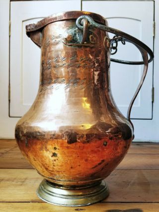 Large Antique Arabic Persian Middle Eastern Copper Brass Lidded Jug Ottoman 19c