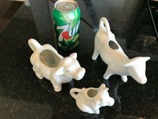 3 White Ceramic Cow Creamers White 5 " X7 1/2 " 2 Large And 1 Small; Syrup Or Cream