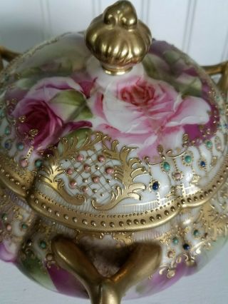 Vintage Nippon Moriage Gold Covered Dish Pink Roses 3 Handles Footed Bowl Japan