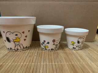 3 Small Vtg Peanuts Snoopy And Woodstock Ceramic Flower Pot Planters