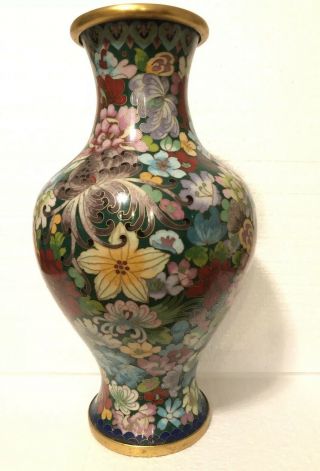 Antique/vtg 12 " Chinese Cloisonne Enamel Brass Floral Design Flower Vase Large