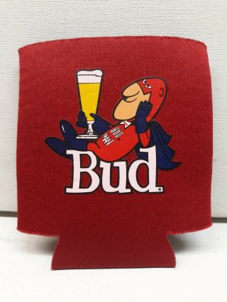 Bud Man Budweiser Beer Can Koozie Cooler Red Budman Vintage 1980 