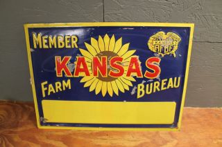 Nos Vintage Kansas Farm Bureau Member Embossed Tin Sign Sunflower Kansas Afbf 1