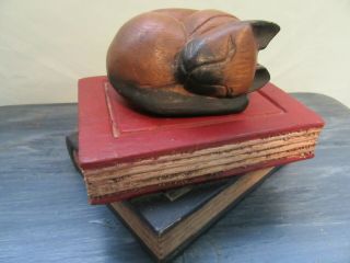 Vintage Wooden Hand - Carved Cat Sleeping Kitten On Books