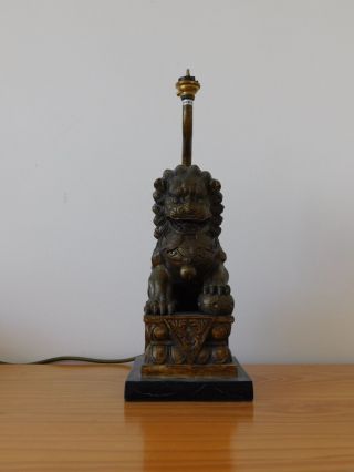 C.  20th - Vintage Chinese China Foo Dog Wooden Vase Lamp - Wooden Stand