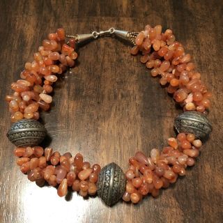 Old Antique Agate Bead Necklace Silver Tone Jewelry Carnelian Middle East Islam
