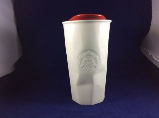 Starbucks Faceted White Ceramic Mug Tumbler 10 Oz Red Lid 2013 Travel