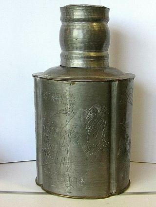 Antique Chinese STORY Gods Etched Tin sculpture TEA CADDY Container w lid & Cup 2