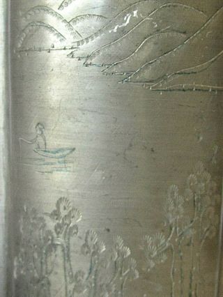 Antique Chinese STORY Gods Etched Tin sculpture TEA CADDY Container w lid & Cup 4