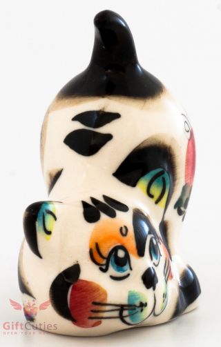 Playful cat kitty Collectible Gzhel style Porcelain Figurine hand - painted 5