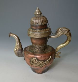 Antique Tibetan Copper Silver Coffee Pot With Dragon Handle