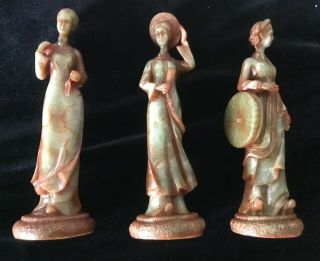 Set Of Vintage Old Chinese Carved Brown/green Jade Lady Statues