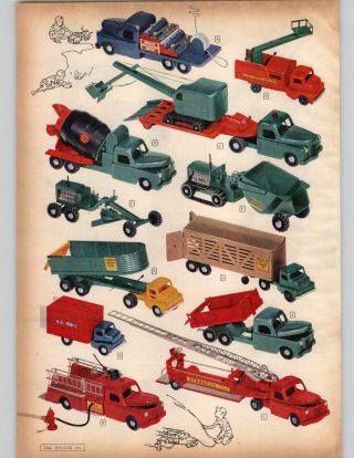 1957 Paper Ad 3 Pg Toy Trucks Structo Tractor Rocker Cattle Us Mail Road Grader