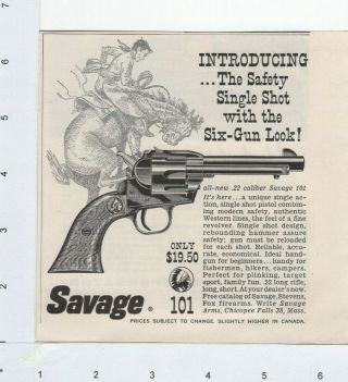 Savage 101.  22 Caliber Single Shot Pistol Revolver Vintage 1960 Print Ad G1