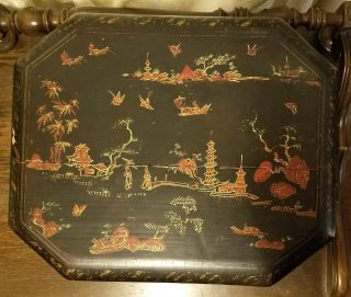 Large Antique Chinese Lacquer Box With Two Pewter Tea Caddies