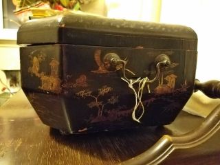 LARGE ANTIQUE CHINESE LACQUER BOX WITH TWO PEWTER TEA CADDIES 2