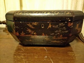 LARGE ANTIQUE CHINESE LACQUER BOX WITH TWO PEWTER TEA CADDIES 3