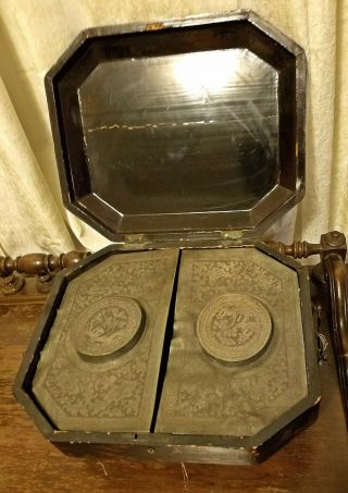 LARGE ANTIQUE CHINESE LACQUER BOX WITH TWO PEWTER TEA CADDIES 5
