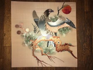 Vtg Chinese Asian Art Hand Embroidered Silk Embroidery Birds Falcon Hawk W Sun