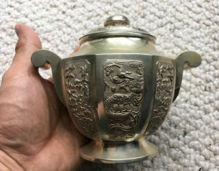 China Chinese Qing Dynasty Silver Pot W/ Flowers,  Birds,  Trees,  Houses,  Dragons