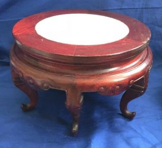 Solid Wood Asian Round Shape Marble Top Display Stand Plant Stand Carved Vtg