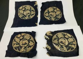 Early Set 4 Antique Qing Dynasty Chinese Kesi / Kusso Silk Crane Robe Roundels