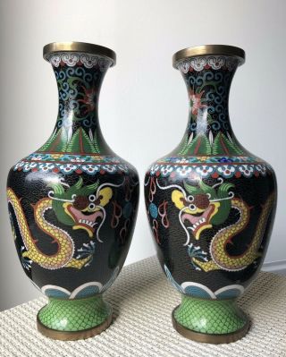 Antique Chinese/oriental Black Cloisonne Dragon Vases Enamel