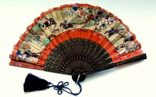 Antique Chinese/japanese Lacquer & Silk Hand - Painted Game Hunting Brise Fan