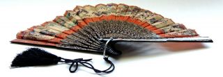 ANTIQUE Chinese/Japanese LACQUER & SILK hand - painted GAME HUNTING brise FAN 2